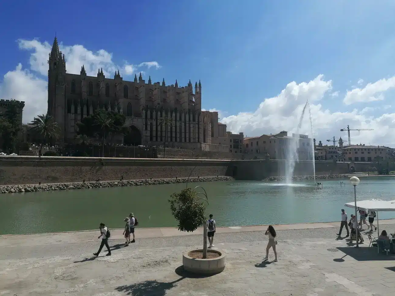 Katedrála La Seu v Palmě de Mallorca a fontána v Parc de la Mar
