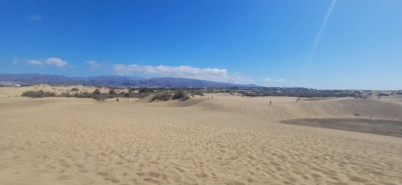 Písečné duny v Maspalomas s horami v pozadí