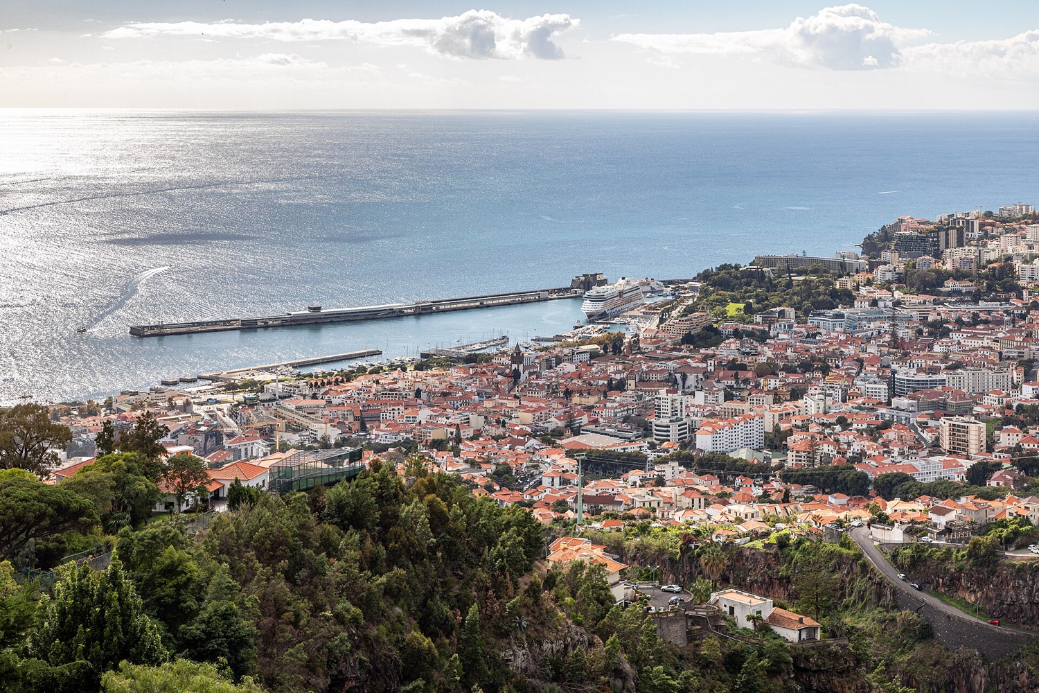 Výhled na Funchal a přístav na Madeiře od botanické zahrady