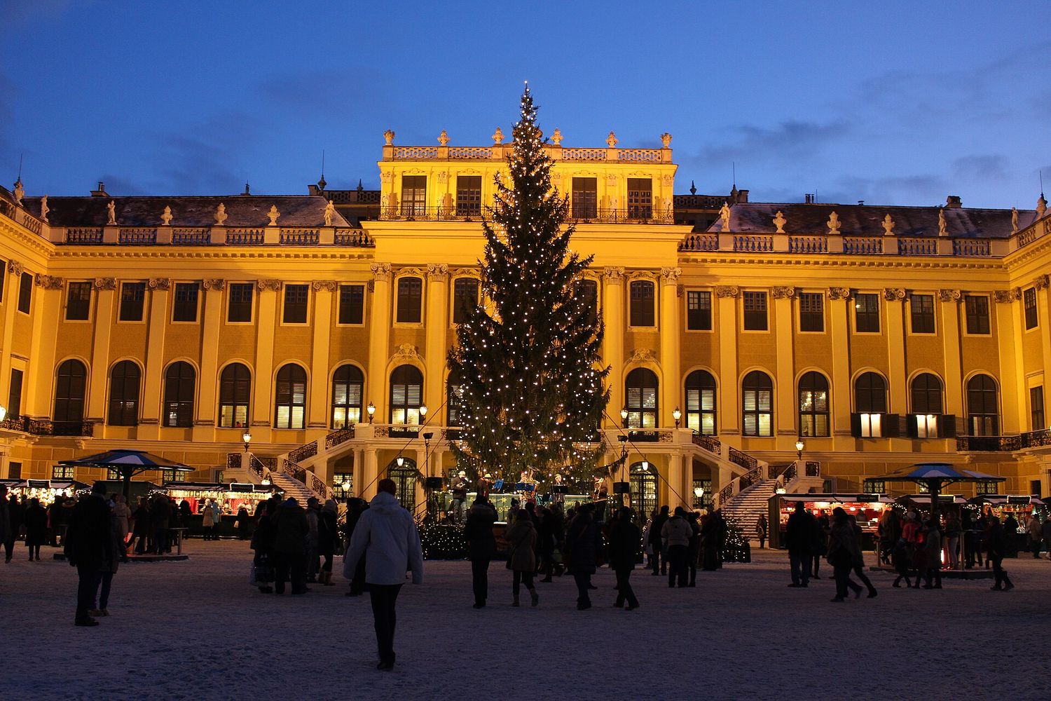 Vánoční trh na nádvoří zámku Schönbrunn za soumraku s velkým rozsvíceným stromem
