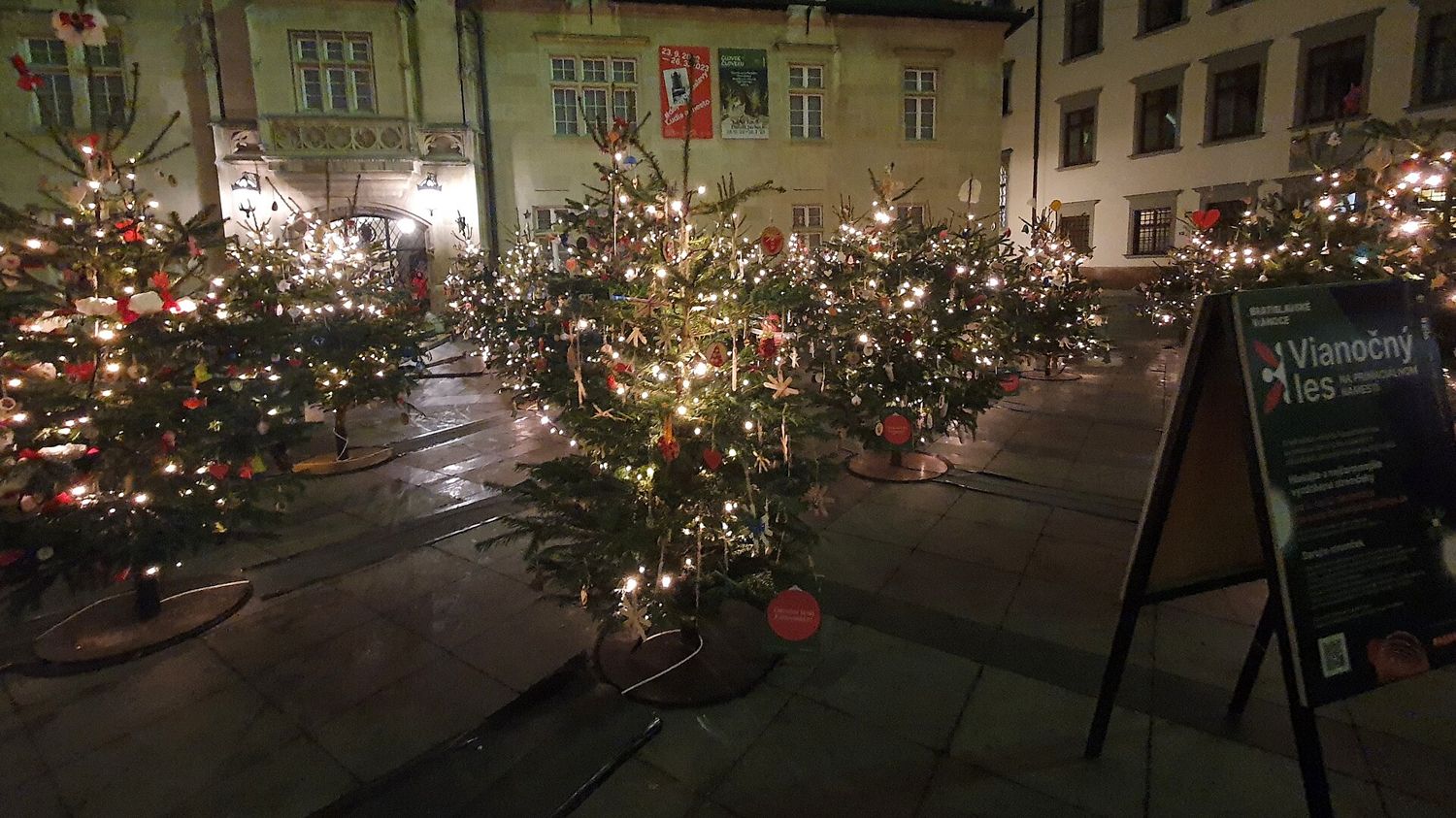 Vianočný les na Primaciálnom námestí v Bratislavě, rozsvícené ozdobené stromky a tabule s nápisem